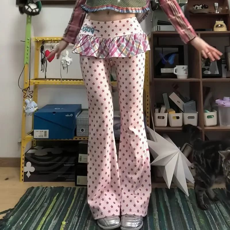 Y2k Kawaii Full Length Pants Women Casual Dot Fake Two-Piece Tail Skirt Flared Japanese Retro Slim Sweet Skirt Trousers