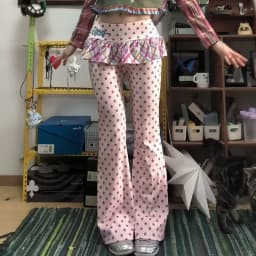 Y2k Kawaii Full Length Pants Women Casual Dot Fake Two-Piece Tail Skirt Flared Japanese Retro Slim Sweet Skirt Trousers