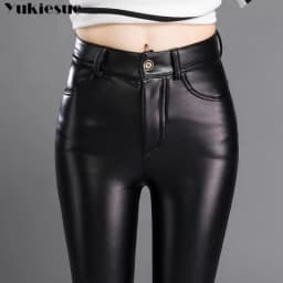 Autumn Winter women leather pants High elastic shiny trousers slim female pencil leather pants women pantalon femme clothe