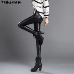 Autumn Winter women leather pants High elastic shiny trousers slim female pencil leather pants women pantalon femme clothe