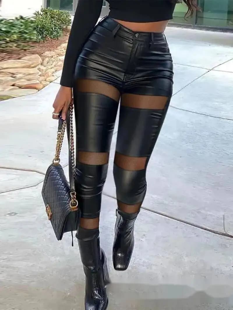 Women's New Elastic Small Leg PU Leather Pants Series Black Mesh Lace Pu Sexy Women Trousers 2025 New Fashion Pants M4MG