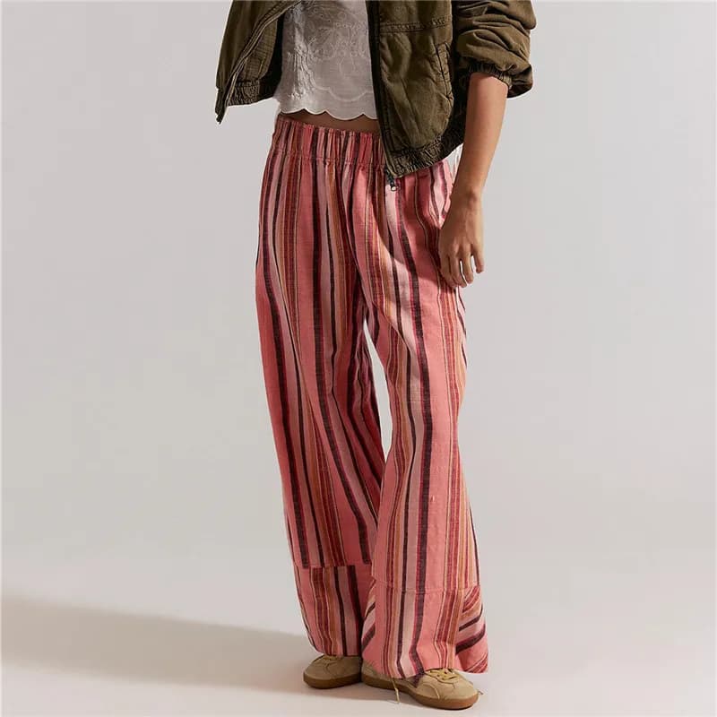 Casual Striped Wide Leg Pants For Women Elastic Waist Loose Fit Trousers Colorful Striped Summer Pants For Office And Daily Wear