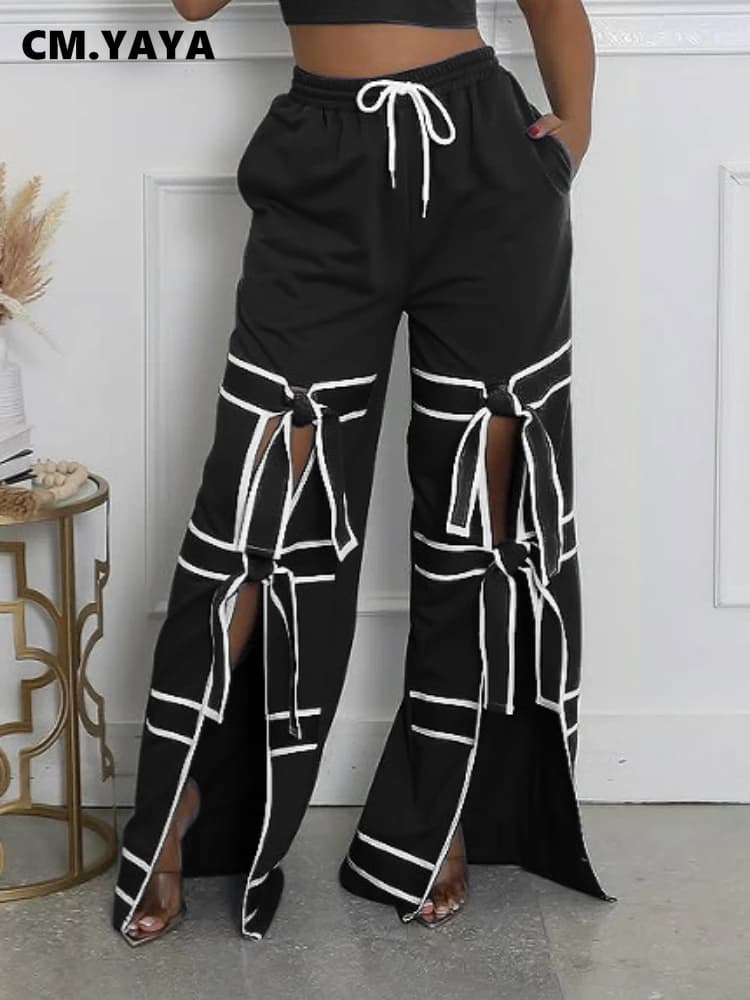 CM.YAYA Fashion Women Striped Patchwork Bowknot Split Wide Leg Jogger Pants 2025 Summer Active Sporty Classic Trousers