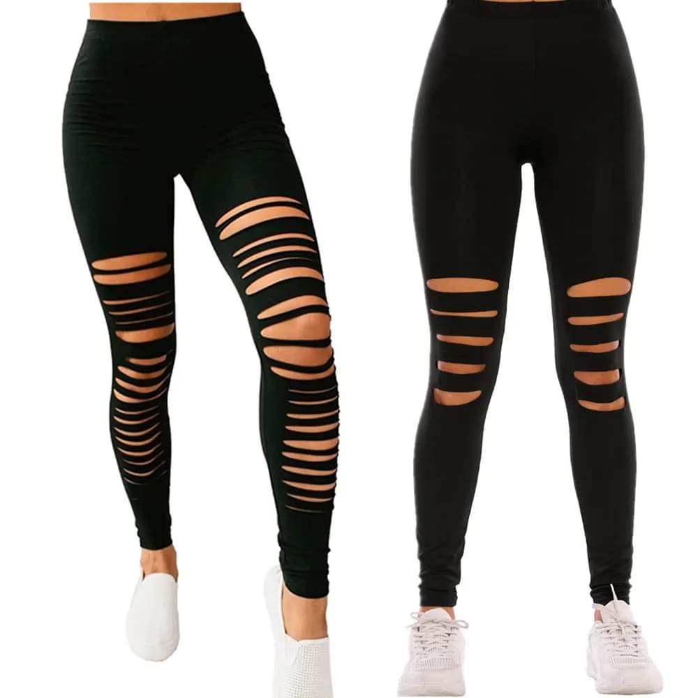 Black Solid Leggings Women Summer Sexy Hollow Out Hole Ripped Leggings Fashion Elastic Stretch Slim Casual Pants Skinny Trousers
