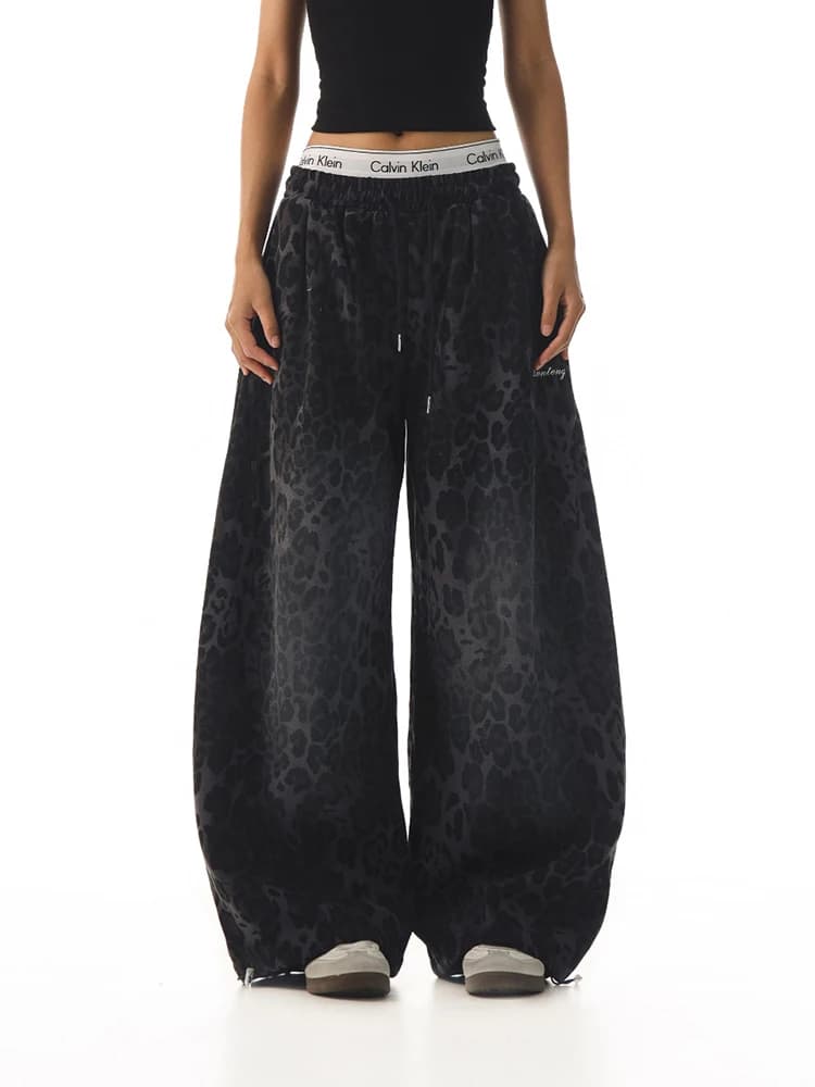 Y2K American Retro Pants Women Washed Leopard Print Spicy Girl Loose Slimming Wide Leg Versatile Casual Fashion