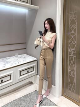 High Waist Elastic Khaki Slimming Straight Leg Casual Pants Korean Style Commute Simple Pure Color Nine Points Leisure Trousers