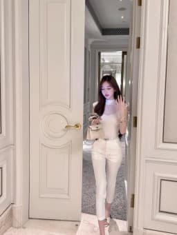 High Waist Elastic Khaki Slimming Straight Leg Casual Pants Korean Style Commute Simple Pure Color Nine Points Leisure Trousers