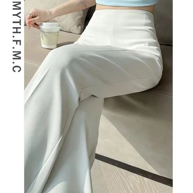 White High Waist Straight Leg Suit Pants for Women Spring Summer 2023 New Small Size Wide Leg Trousers Asymmetrical Korean Style