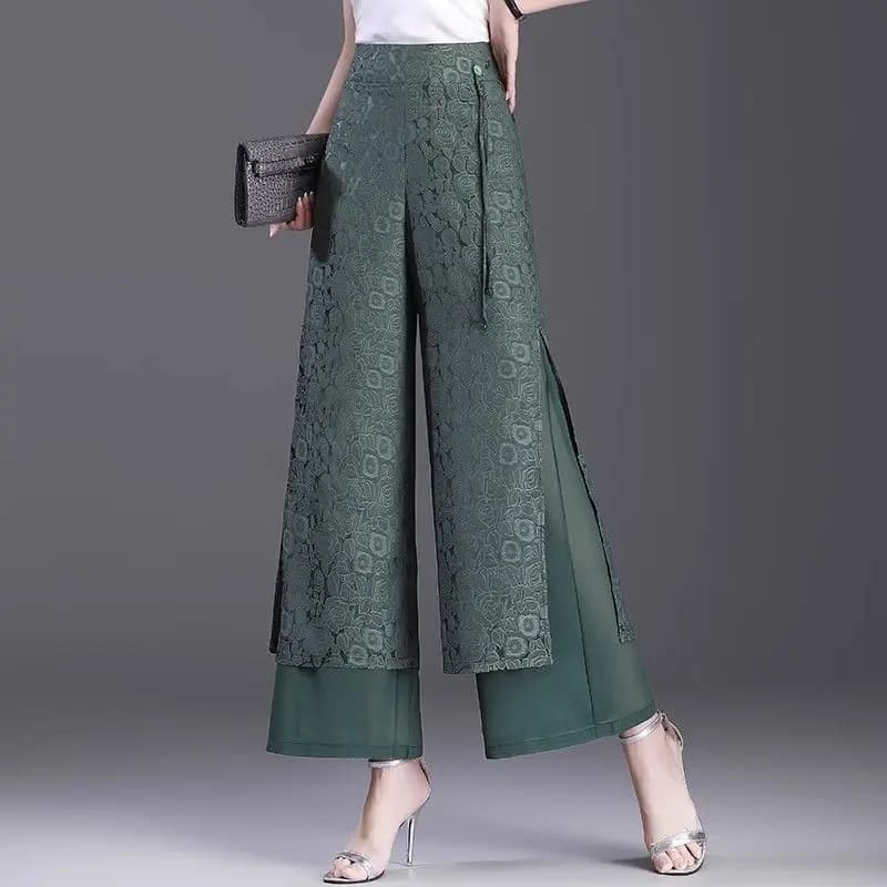 High Waist Wide Leg Pants Women's Summer Thin Ice Silk Straight Cut Slimming Drapey Floral Embroidery Loose Fit Casual Trousers