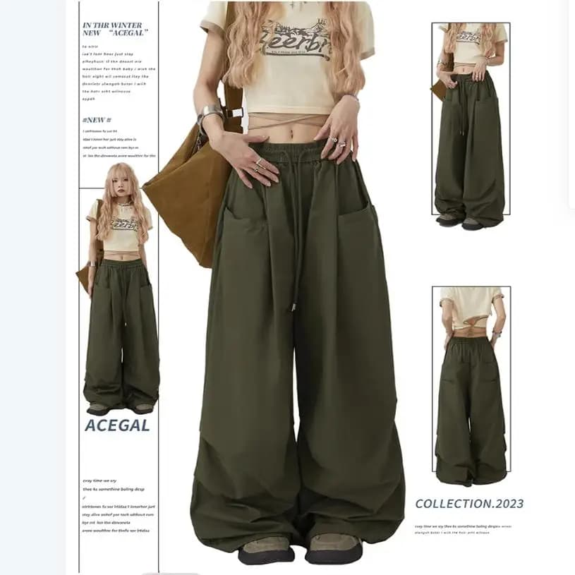 American Style Military Green Work Pants Unisex Casual Loose Wide Leg Hip Hop Drawstring Design Casual Pants for Men And Women