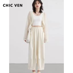 CHIC VEN Fashion Women White Pants Solid Casual Elastic Waist High Waisted Pleated Wide Leg Ladies Trousers Folded Summer 2026