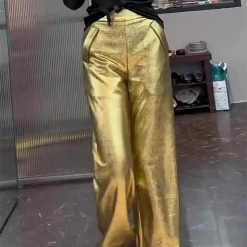 Limiguyue High End Gold Shiny Pants Women Soft Thin Leather Pant Spring Casual Loose Wide Legs Hanging Trousers Office Lady 884P