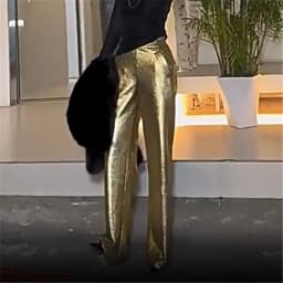 Limiguyue High End Gold Shiny Pants Women Soft Thin Leather Pant Spring Casual Loose Wide Legs Hanging Trousers Office Lady 884P