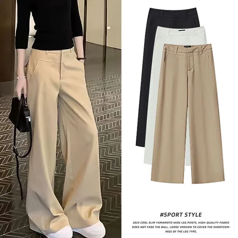 Khaki Wide Leg Pants for Women 2026 Spring Summer High Waist Slimming Suit Pants Woman High-End Elegant Loose Straight Trousers
