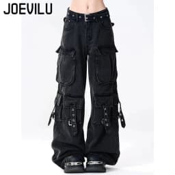 Y2K Black Cargo Pants for Women Straight Leg Jean Edgy Style Pocket Trousers Streetwear 2000s Aesthetic Grunge Pants Pantalones