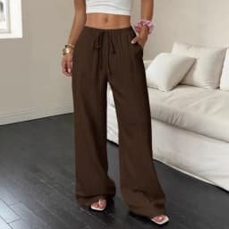 Women's Wide-Leg Cotton-Linen Blend Casual Floor-Length Pants Relaxed-Fit Drawstring Trousers for Home & Strolls