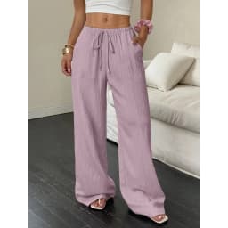 Women's Wide-Leg Cotton-Linen Blend Casual Floor-Length Pants Relaxed-Fit Drawstring Trousers for Home & Strolls