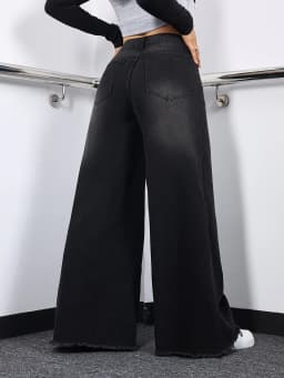 Women's Black Distressed Wide Leg Jeans High Waist Loose-Fit Raw Hem Denim Pants Casual Daily Trousers For Dating & Streetwear