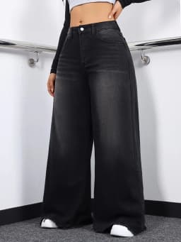 Women's Black Distressed Wide Leg Jeans High Waist Loose-Fit Raw Hem Denim Pants Casual Daily Trousers For Dating & Streetwear