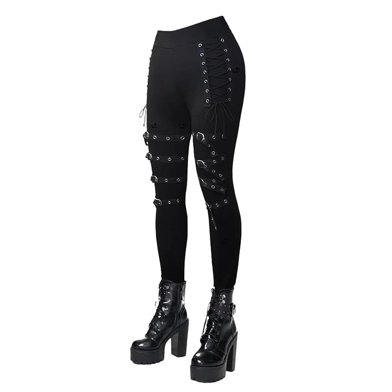 Dressfo Women's Leggings Gothic Leggings Solid Color Grommet Buckle Lace Up Skinny High Stretch Pencil Pants