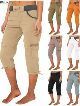 2026 Women's Summer Casual High Waist Drawstring Pocket Workwear Pants Solid Loose Wide Leg Extendable Cuffs 7-inch Pants Female