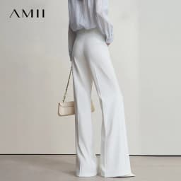 AMII Minimalist Women White Pants 2026 Autumn Slim Fit Casual Trousers Office Lady Tat Anti-wrinkle Flared Pants Daily 12523127
