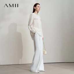 AMII Minimalist Women White Pants 2026 Autumn Slim Fit Casual Trousers Office Lady Tat Anti-wrinkle Flared Pants Daily 12523127