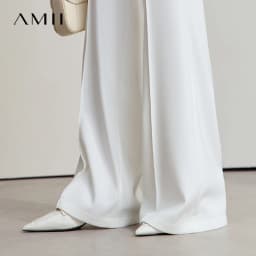 AMII Minimalist Women White Pants 2026 Autumn Slim Fit Casual Trousers Office Lady Tat Anti-wrinkle Flared Pants Daily 12523127