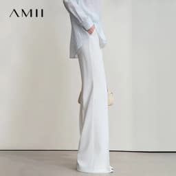 AMII Minimalist Women White Pants 2026 Autumn Slim Fit Casual Trousers Office Lady Tat Anti-wrinkle Flared Pants Daily 12523127