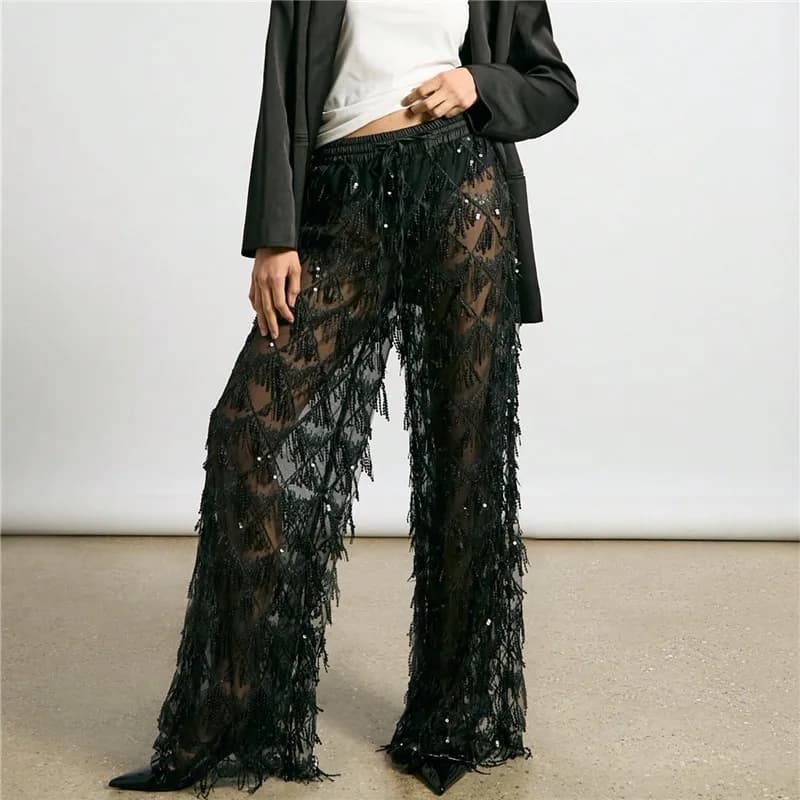 Glitter Sequin Fringe Mesh See Through Wide Leg Pants Elastic Waist Drawstring Sheer Palazzo Trousers Beach Party Club Cover Up