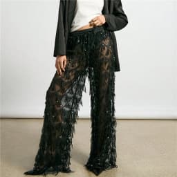 Glitter Sequin Fringe Mesh See Through Wide Leg Pants Elastic Waist Drawstring Sheer Palazzo Trousers Beach Party Club Cover Up