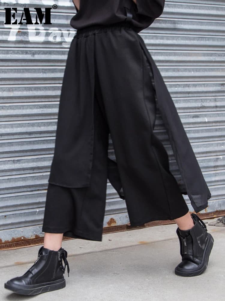 [EAM] High Elastic Waist Black Chiffon Asymmetric Pants New Loose Fit Trousers Women Fashion Tide Spring Autumn 2026 1DF4656