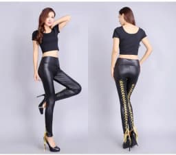 Female Low Waist Elastic Stretch Slim Women Pencil Pants High PU Leather Pants Women Fashion Lace Up Bandage Trousers