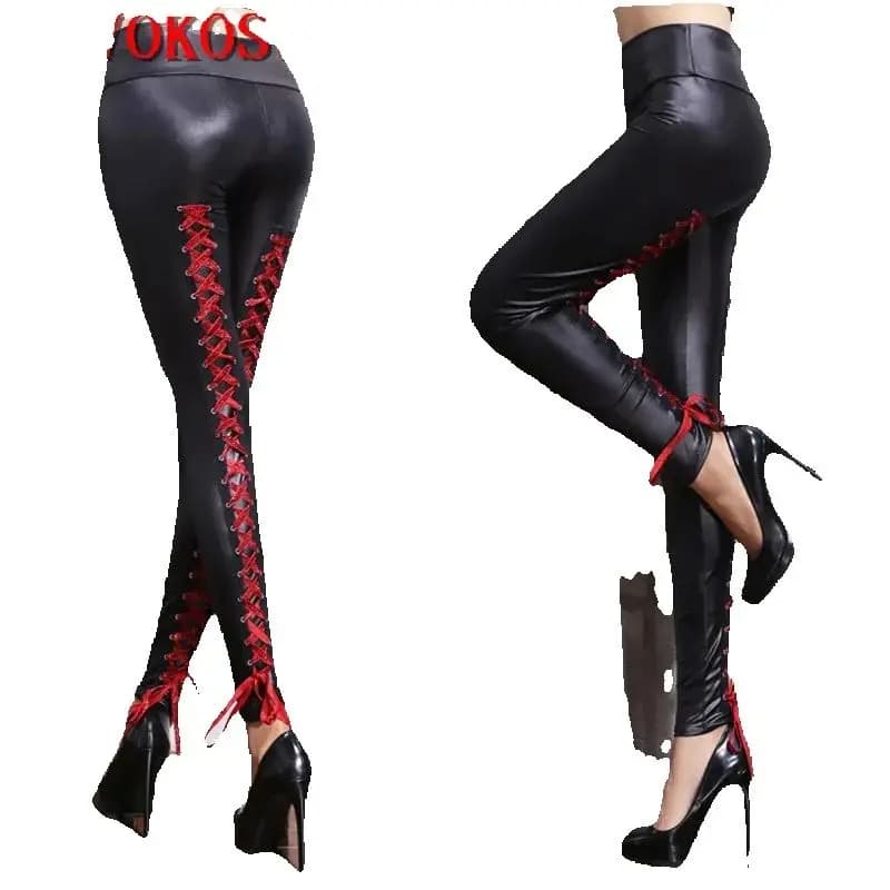 Female Low Waist Elastic Stretch Slim Women Pencil Pants High PU Leather Pants Women Fashion Lace Up Bandage Trousers