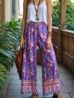 Boho Queens Autumn Women Purple Floral Print Bohemian Wide Leg Pants Lady Gothic Elastic Waist Loose Boho Pant Holiday Trousers