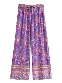 Boho Queens Autumn Women Purple Floral Print Bohemian Wide Leg Pants Lady Gothic Elastic Waist Loose Boho Pant Holiday Trousers