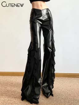 Cutenew Pu Leather Casual Pants Women 2024 New Mesh Patchwork High Waist Concise Flare Trousers Female Sporty All-matched Bottom