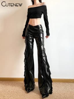 Cutenew Pu Leather Casual Pants Women 2024 New Mesh Patchwork High Waist Concise Flare Trousers Female Sporty All-matched Bottom