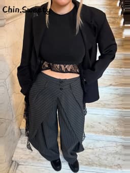 Chic Two Buttons Striped Pleated Trousers Women Loose Pockets Wide Leg Pants Female 2026 Spring Lady Commute All-match Pant New