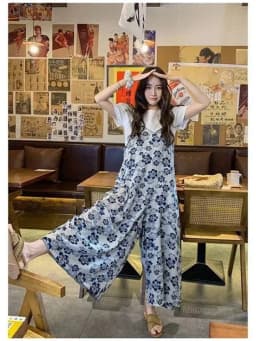 Fashionable Lightweight Summer Floral Wide Leg Strap Pants Women's High Waist Straight Cut Suit Korean Style Lazy Wind