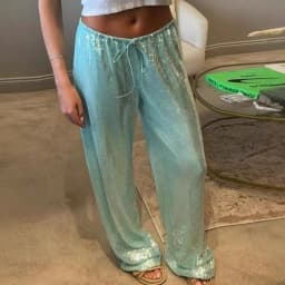 Street Sequin Lace Up Pants Women Elastic Low Waist Wide Leg Trousers Female 2026 Spring Summer Lady Shiny Party Club Clothes