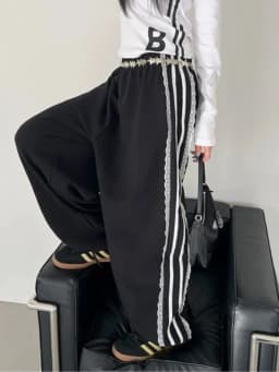 Ruffle Lace Casual Pants Women's Autumn Winter High Waist Slimming Wide Leg Sport Long Pants Jazz Dance Two Bars Ladies Trousers
