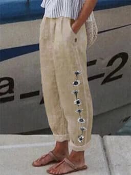 Cotton Linen Solid Women Pants Fashion New Hollow Out Pockets Ladies Casual Streetwear Office Loose Trousers Female