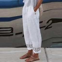 Cotton Linen Solid Women Pants Fashion New Hollow Out Pockets Ladies Casual Streetwear Office Loose Trousers Female