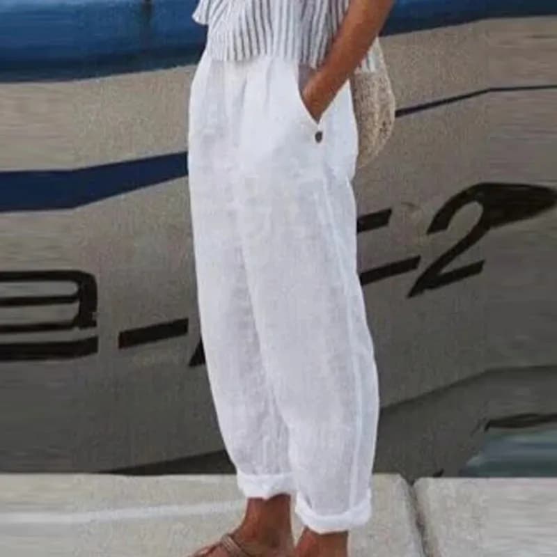 Cotton Linen Solid Women Pants Fashion New Hollow Out Pockets Ladies Casual Streetwear Office Loose Trousers Female