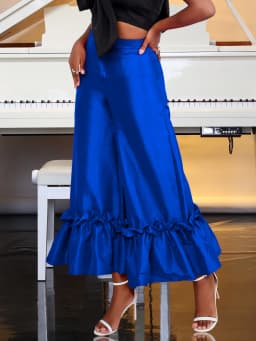 Women Pants High Waist Loose Elegant Shiny Flare Pleated Wide Leg Trendy Long Capris Cocktail Party Bottoms Trim Trousers