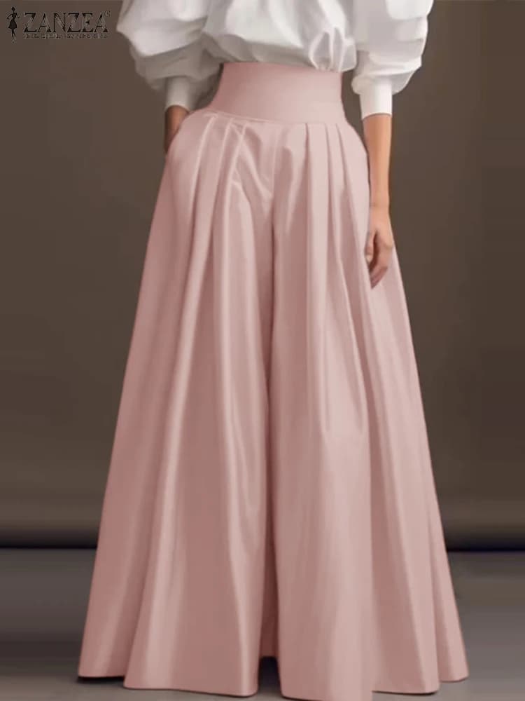 2025 ZANZEA Vintage High Waisted Office Pantalons Fashion Solid Pleating Pants Women Wide Leg Formal Trouser Casual Pockets Pant