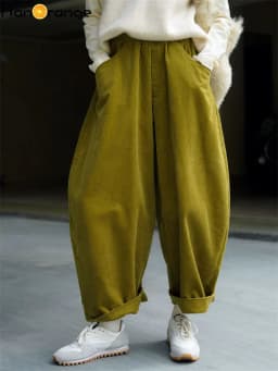 HanOrange 2026 Autumn Winter Lazy Arc Corduroy Wide Leg Pants Women Elastic Waist Loose Casual Comfortable Trousers Female