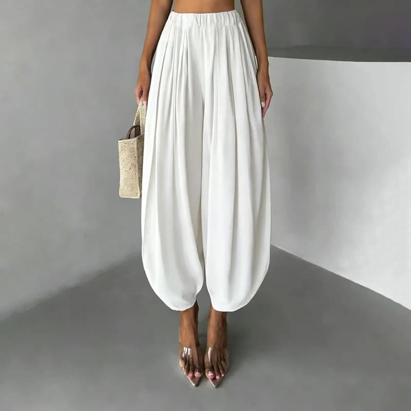 OMSJ Elegant Fashion Loose Fit Lantern Pants Women's Solid Color High Waist Pleated Comfortable Casual Trousers Party Streetwear