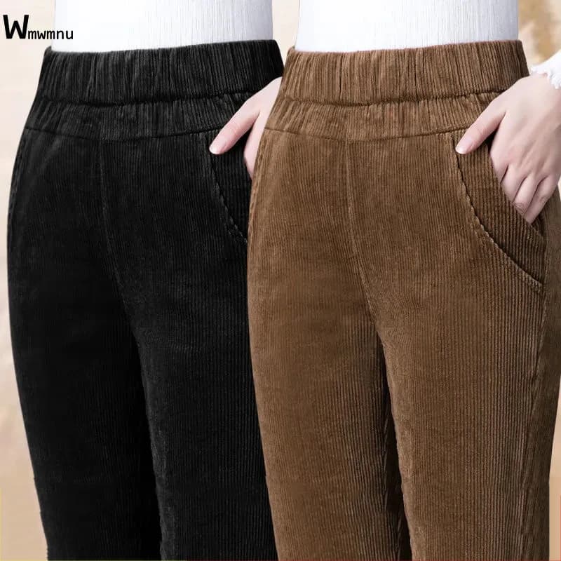 Spring Fall Elastic High Waist Straight Trousers Women Classic Black Pantalones De Mujer Mother's Casual Brown Corduroy Pants